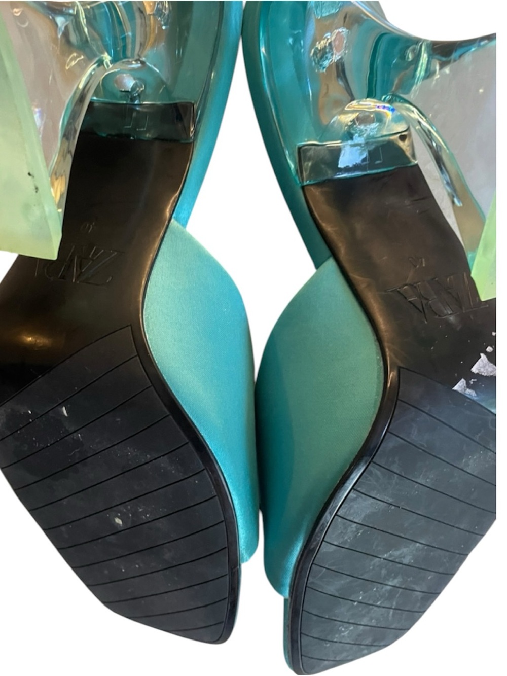 Zara Satin Turquoise Heels Sculptural Lucite Heel Sandals - Picture 5 of 5